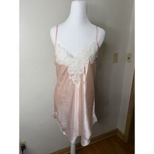 Vintage 90s Delicates Satin Lace Beaded Slip Dress Women's Size Medium Pink
